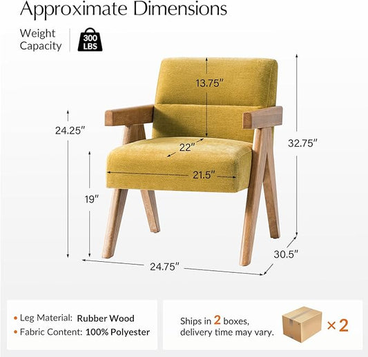 HULALA HOME Modern Accent Chair, Upholstered Arm Chair with Solid Wood Frame, Comfortable Padded Seat and Back, for Living Room, Bedroom Set of 2, Mustard