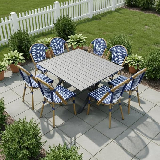 PURPLE LEAF 9 Pieces Outdoor Dining Set Patio Furniture Set with Large Aluminum Table and French Bistro Chairs for Garden Backyard Deep Blue Patio Dining Set