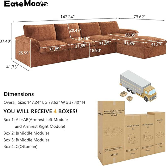 EASE MOOSE Oversized Cloud Couch Sectional Sofa, L-Shaped Large Modular Couch for Living Room, Minimalist Boneless Convertible Couches with Ottoman, 5-Seat Deep Sofas for Bedroom, Chenille (Brown)