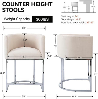 Contemporary Cream Linen Bar Stools Set of 4, 24" Upholstered Fabric Counter Height Barstools Kitchen Counter Island Stools with Screwed Together Chrome Finish Base
