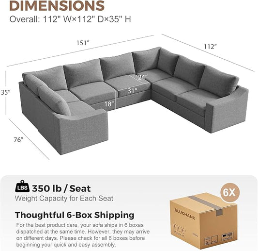 ABCASA Oversized 136" Modular Sectional Sofa, Deep Seat U Shaped Couches for Living Room, Breathable Linen Fabric Corner Couch, Easy to Assemble, Grey