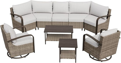 COOS BAY Aurora Terrace Half-Moon Outdoor Furniture Set, Rattan Conversation Set with Swivel Rockers, Curved 5-Seat Sofa, Coffee Table & Side Table, Seats 7, Beige/Beige