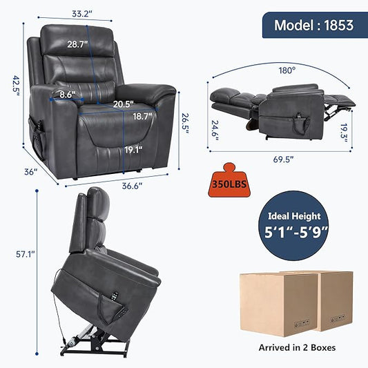 Power Lift Recliner Chair for Elderly People, Dual Motor Lay Flat Recliner with Vibration Massage and Heat, Heavy Duty Motion Mechanism Standing Assistance Reclining Chair, Faux Leather Dark Gray