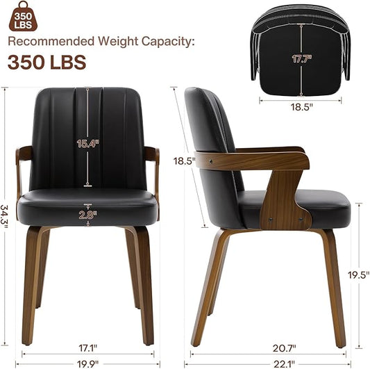 Kitchen Dining Chairs Set of 2, Faux Leather Upholstered Dining Room Chairs with Wood Arms and Legs, Mid Century Modern Kitchen Side Chair for Living, Bedroom, Restaurant, Walnut/Black