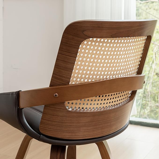 Set of 1 Swivel Rattan Dining Chair - Mid Century Modern Dining Chair with Bentwood Frame, Ergonomic Cane Back, Curved Arms, Faux Leather Swivel Chair for Kitchen/Restaurant (Walnut Brown, Set of 1)