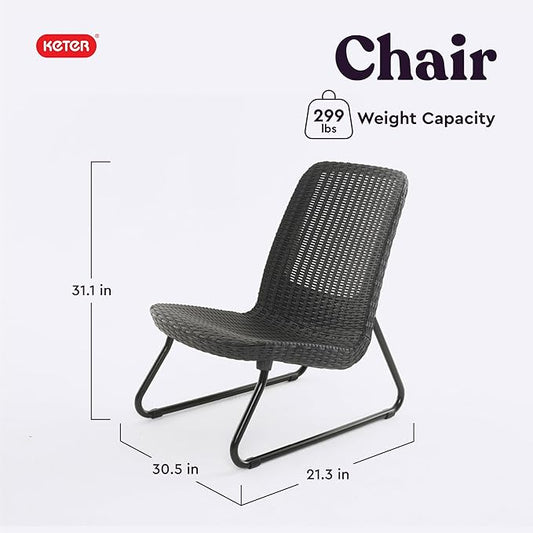 Keter Rio 3 Piece Resin Wicker Patio Furniture Set with Side Table and Outdoor Chairs for Front Porch and Backyard Decor, Dark Grey