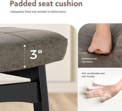 ALPHA HOME Bar Stools Set of 2, Solid Wood Saddle Kitchen Stools with Grey PU Leather Cushion Counter Height Barstools with Wooden Base for Kitchen Dining Cafe, 24 Inch, Grey, 2PCS