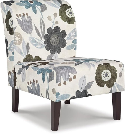 Signature Design by Ashley Triptis Floral Armless Accent Chair with Attached Cushions, Fabric Upholstery, Wood Legs, 16.63" Seat Height, White, Blue & Gray