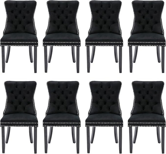 Velvet Upholstered Dining Chairs Set of 8, Modern Style Kitchen Side Chairs with Nailhead Trim and Wood Legs,Metal Pulling Ring for Dining Room Living Room(Black)