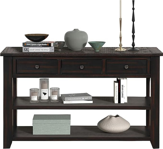 LKTART Solid Wood Console Table,Sofa Table with Storage Drawers and Bottom Shelf,Entryway Table for Entry Hallway Foyer,Easy Assembled (48.8" Distressed Black)