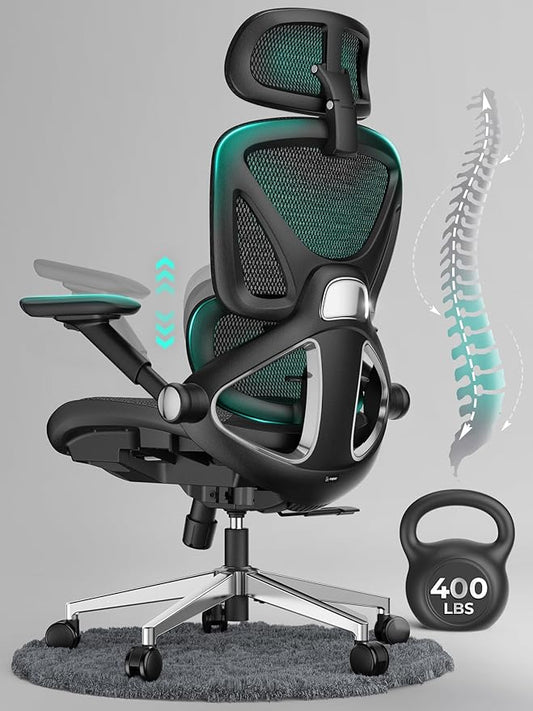 CAPOT Ergonomic Mesh Office Chair, Adjustable Lumbar High Back Desk Chair 400lbs, 4D Flip-up Arms, 3-Level Tilt Backrest, 3D Headrest, PU Wheels, Swivel Rolling Computer Seating for Long Desk Work