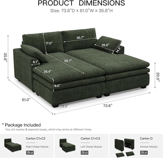 Belffin Large Modular Sectional Sofa with Deep Chaise, 73.6" Corduroy L Shaped Couch with 9" Soft Dual-Layer Seats Cushion for Living Room, Apartment, Green