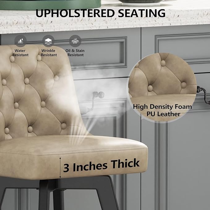 MINCETA Bar Stool, PU Leather Barstool, 30 Inch Upholstered Counter Stool with Low Tufted Back and Footrest, Swivel Counter Height Barstool for Kitchen Island Home Bar Khaki