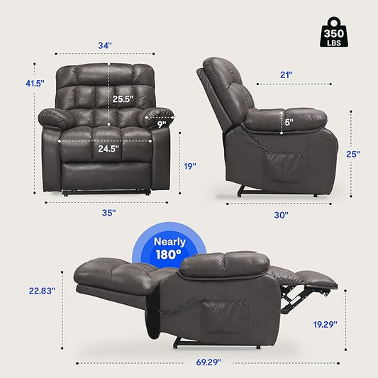 FLEXISPOT XL51 Dual OKIN Motor Power Lift Recliner Chair for Elderly, Lay Flat Electric Recliner with Massage & Heat, USB Ports, Faux Leather Reclining Sofa for Living Room Bedroom, Black