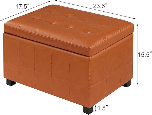 Asense Storage Ottoman Bench,Foot Stool Ottoman with Storage, Faux Leather Foot Rest Seat with Safety Hinge,Wood Legs Stool for Living Room, Bedroom,Enterway,Brown