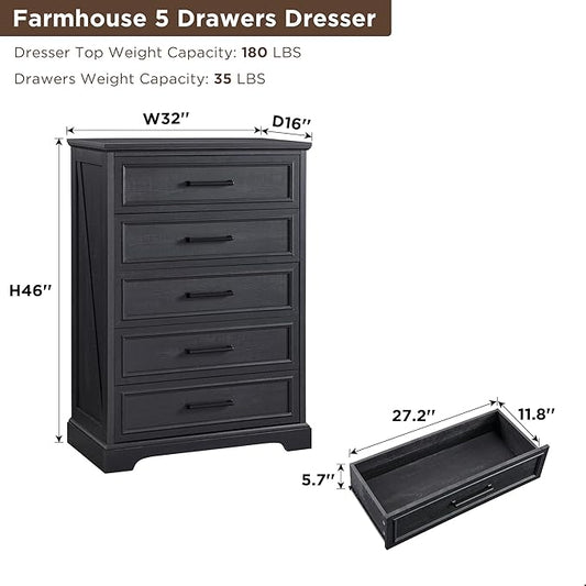 ACCOHOHO Farmhouse 5 Drawers Dresser Chests for Bedroom,46" Tall Wood Rustic Chest of Drawers with Wide Metal Handle,Natural Texture,Drawer Organizer for Bedroom,Living Room,Hallway and Entryway,Black