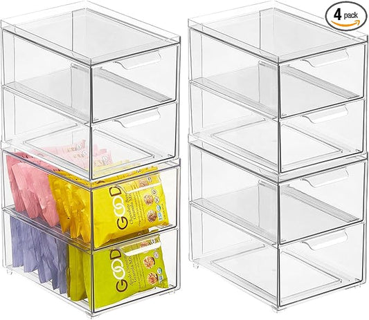 mDesign Stackable Storage Containers Box with 2 Pull-Out Drawers - Stacking Plastic Drawer Bins for Kitchen Pantry and Cupboard, Cabinet, Counter, Island and Tables - Lumiere Collection, 4 Pack, Clear