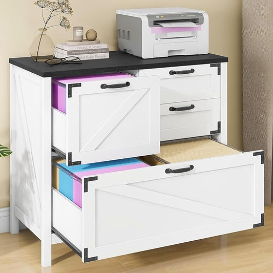 Lateral File Cabinet with 4 Drawers Farmhouse File Cabinet for Letter/Legal/A4 Size Hanging Files, Large Wood File Storage Cabinets Printer Stand for Home Office Cabinet, White and Black