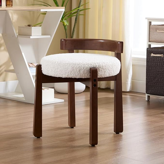 Modern Vanity Chair Upholstered Small Ottoman Footstool, Make Up Stool Sherpa Fabric with Backrest Wooden Frame for Living Room Bedrooms, 1PC, White