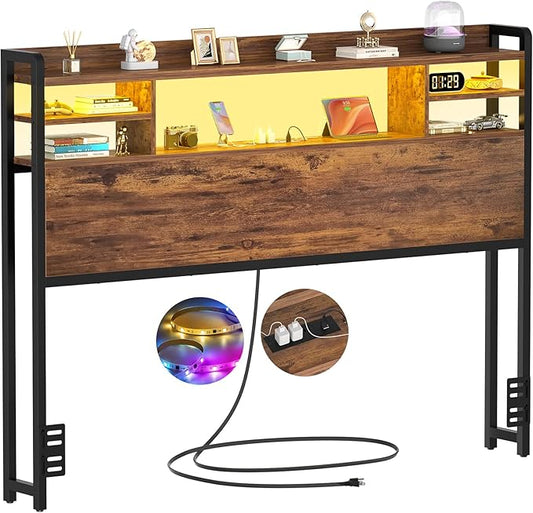 Aheaplus Headboard for Full Size Bed with Storage, Headboards with LED Light, Power Outlets, USB Ports Full Size Head Board, Wood headboard Only Sturdy and Stable Headboards, Modern, Rustic Brown