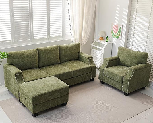 85" Sectional Couches with Storage Ottoman,L Shaped Couch with Armrest Organizer,3-Seater Sofa,Small Sofas for Living Room,Apartment,Sofa Set with Oversized Chair,Chenille,Green