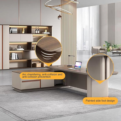 78IN L Shaped Executive Desk - Executive Office Desk with Side Cabinet & Grille Front Baffle & Embedded LED Strip & Mechanical Password Lock & Double-Layer Countertop & Gold Foot Pad