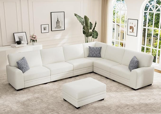 Wanderwell Oversized Modular Sectional Sofa, 7-Seater U Shaped Couches with Movable Ottoman,Corduroy Sectional Couch with Wide and Deep Seats Suitable for Living Room,Bedroom,Apartment (Cream, L-7)