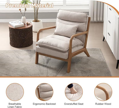 INZOY Mid Century Modern Accent Chair with Wood Frame, Upholstered Reading Armchair with Waist Cushion, Double Padded Accent Chair, Side Chair for Living Room Bedroom Office, Easy Assembly, Beige