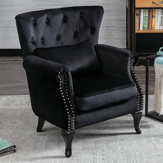 Accent Reading Arm Chairs for Living Room Bedroom, Midcentury Modern Comfy Corner Sofa Chair, Wingback Waiting Room Club Chair with Button Tufted Back &Lumbar Pillow, Velvet Black