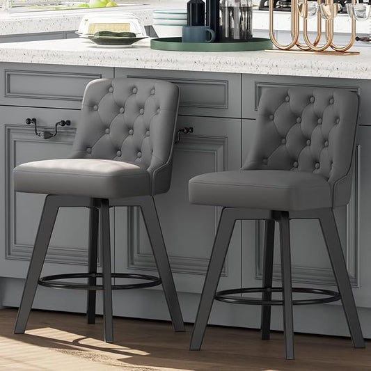 MINCETA Bar Stools Set of 2, PU Leather Barstools, 26 Inch Upholstered Counter Stools with Low Tufted Back and Footrest, Swivel Counter Height Barstools for Kitchen Island Home Bar Dark Gray