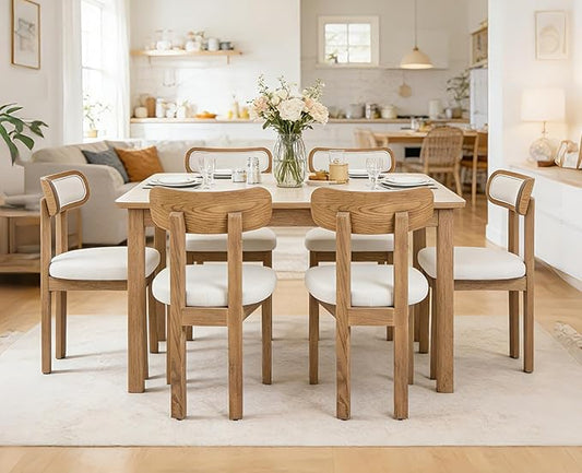 Beige Dining Chairs Set of 6, Mid Century Modern Linen Dining Room Chairs with Curved Back, Armless Kitchen Chairs for Living Room/Restaurant/Balcony/Bedroom/Home Desk/Task