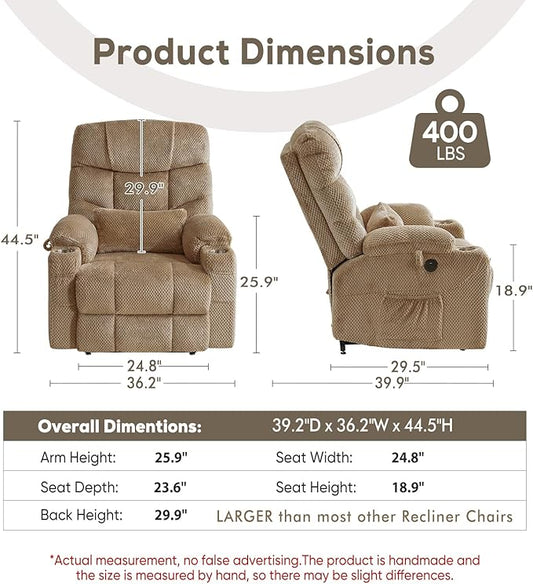 ABCASA Oversized Dual Motor Lay Flat Power Lift Recliner Chair with Massage, Heating, Lumbar Pillow, USB & Type-C Ports, Textile Lift Chairs Recliners, Large Recliner for Big & Elderly People - Beige