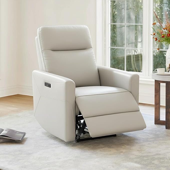 CHITA Leather Power Recliner Chair for Adults, Electric Wall Hugger Recliner for Small Spaces, Modern Living Room and RV Recliner Chair with Power Headrest & Charging Ports, Creamy Grey