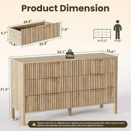55" Wide Fluted 6 Drawer Dresser for Bedroom, Wooden Dresser Modern Chest of Drawers TV Stand Dressers with Organizer Storage for Bedroom, Living Room, Entryway, Hallway, Oak