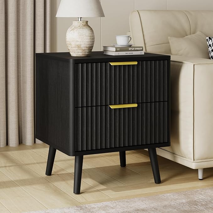 LYNSOM Fluted Dresser and Nightstand Sets 3 Piece, 5-Drawers Dresser and 2-Drawer Nightstands Set of 2, Wood Bedroom Furniture Set for Home, Bedroom, Hallway, Black