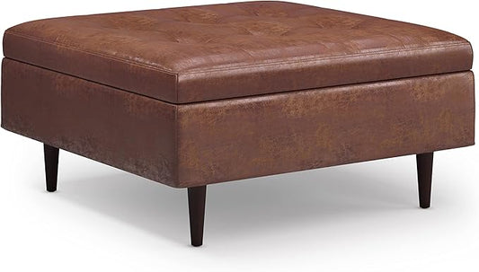 SIMPLIHOME Shay 38 inch Wide Mid Century Modern Large Square Coffee Table Storage Ottoman in Distressed Saddle Brown Vegan Faux Leather, Assembled, For the Living Room, Entryway and Family Room