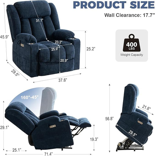 HUSFU Oversized Power Lift Recliner Chairs for Elderly with Massage and Heat, Wide Recliners Chair,Upgraded Chenille Lift Chairs w/Cup Holders, USB & Type-C Ports,Blue,2PCS