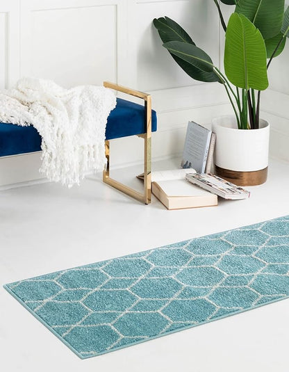 Unique Loom Trellis Frieze Collection Area Rug - Geometric (2' x 6' 1" Runner Light Blue/Ivory)