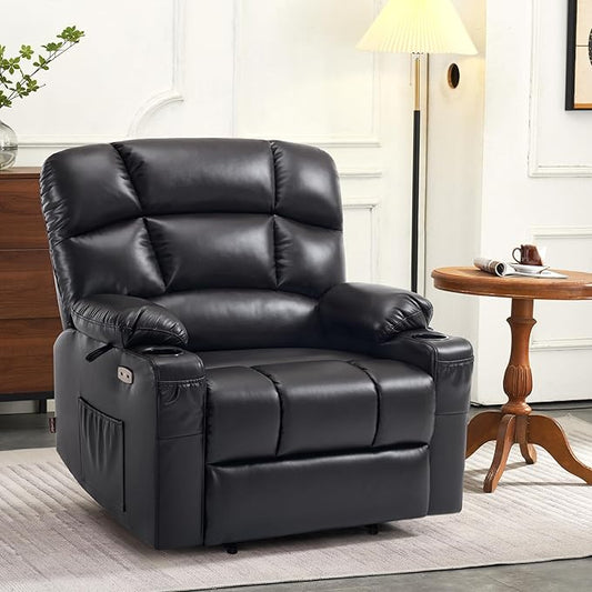 MCombo Oversized Dual Motor Power Lift Recliner Chair Sofa with Massage and Heat for Big Elderly People, Infinite Position, USB Ports, Faux Leather R7677 (Black, Medium-Oversize)