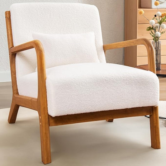 Accent Chair Mid Century Modern Chair Sherpa Fabric Living Room Chairs with Solid Wood Frame Comfy Upholstered and Lumbar Pillow Reading Side Chair Easy Assembly for Bedroom (1, White)