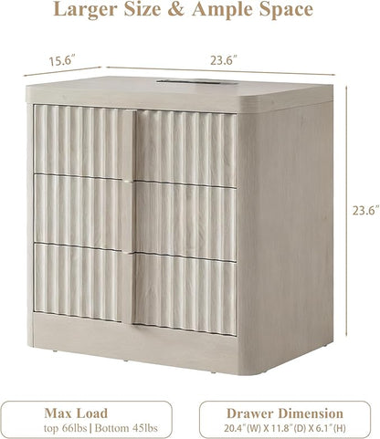 23.6" Nightstand Set of 2 with Charging Station, Side Table with 3 Large Storage Drawers, Mid Century Modern Night Stand with Solid Wood Handle, Bedside End Table for Bedroom, Living Room