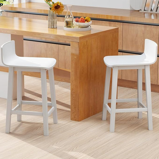 COSTWAY Solid Wood Bar Stools Set of 2, 24.5-inch Counter Height Chairs with Low Back and Footrest, Farmhouse Wooden Armless barstools for Kitchen Island, Dining Room, Cafe, Breakfast, White