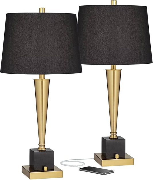 Possini Euro Design Wayne Modern Table Lamps 29 1/4" Tall Set of 2 with USB Charging Port Brass Gold Black Tapered Drum Shade for Bedroom Living Room Nightstand Bedside Night Stand Office Kids Room