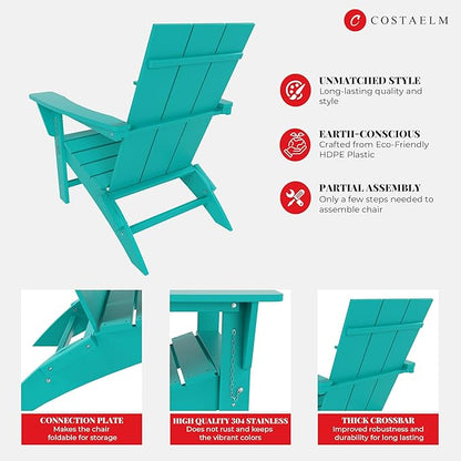Costaelm Folding Adirondack Chairs, Outdoor Patio Adjustable Lawn Chairs, Weather Resistant Outside Firepit Chairs for Porch, Poolside, Garden, Backyard Deck, Turquoise