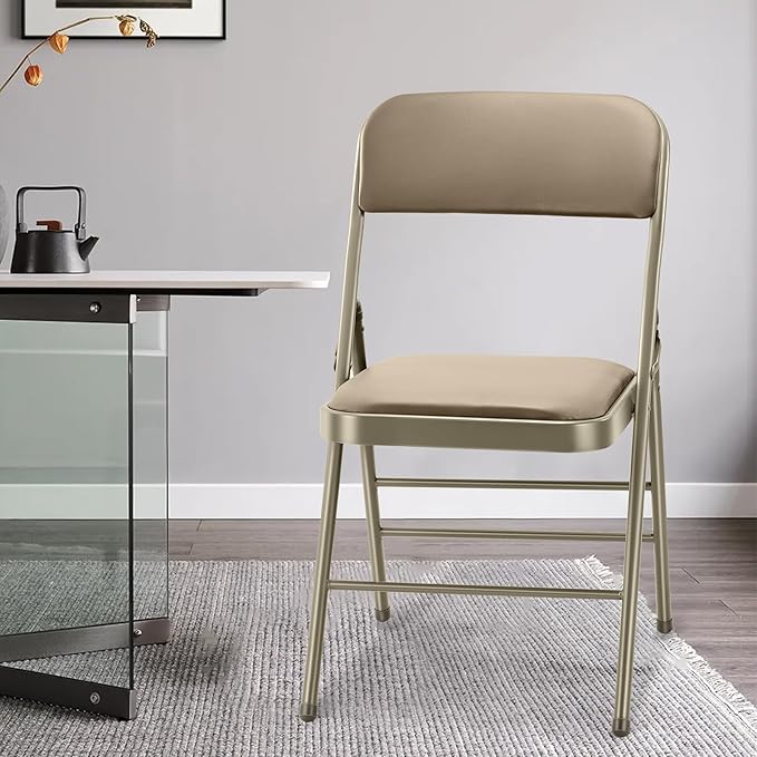cyclone sound 2 Pack Folding Chairs with PU Padded Cushion and Back, Commercial Grade Metal Chairs with Comfortable PU Leather Cushion for Home and Office, for Indoor and Outdoor Events (2, Beige-PU)