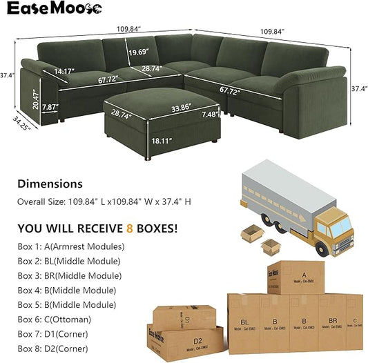 EASE MOOSE Oversized L Shape Sectional Modular Sectional Sofa,Green Extra Large Comfty Cloud Couch，Deep Seat Wide Modular Sofa for Living Room ，Removable Cover