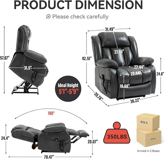 Luxlen Electric Power Lift Recliner Chair with Vibration Massage and Heat, Faux Leather Reclining Chairs for Elderly with Remote Controls, Side Pockets, Big and Tall Recliner, Gray