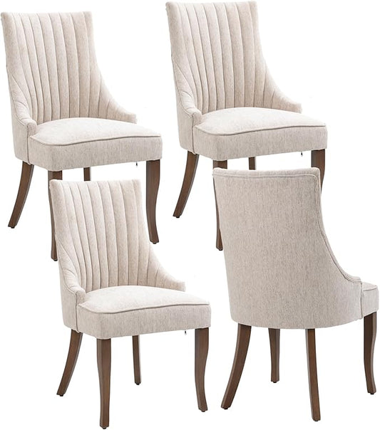 mikibama Linen Dining Chairs Set of 4 Channel Tufted Kitchen Dinner Chair Comfy Fabric Upholstered Accent Chair for Dining Room with Solid Wood Legs (Beige 4pc)