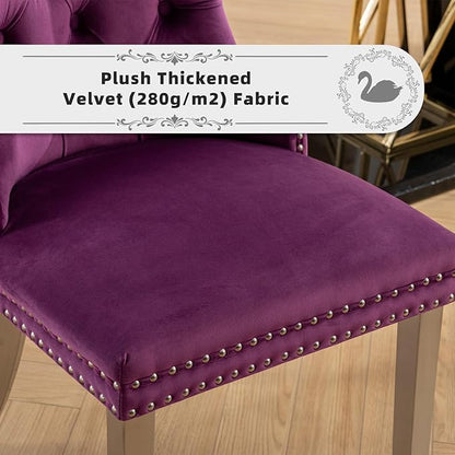 Velvet Upholstered Dining Chairs Set of 2, Modern Kitchen Side Chairs with Nailhead Trim and Silver Plated Leg, Metal Pulling Ring for Dining Room Living Room(Purple-Silver Plated Leg)