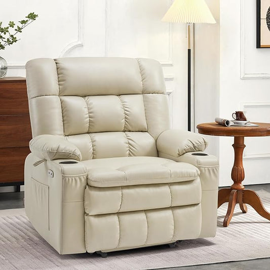 MCombo Dual Motor Power Lift Recliner Chair for Elderly, Lay Flat Lift Chair with Heat and Massage, Extra Wide Lift Recliner for Big People, Cup Holders, Faux Leather R7897 (Cream White, Medium-Wide)